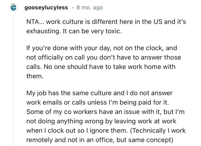 “NTA… Work Culture Is Different Here in the US and It’s Exhausting. It Can Be Very Toxic.”