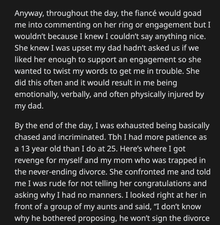 The unsigned divorce papers were in her dad's truck. His new fiancée took them and ran around the most dangerous part of town while screeching like a banshee.