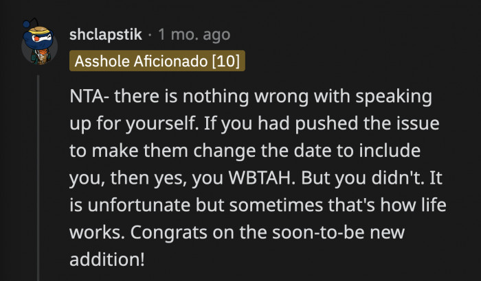 OP is not unreasonable for wanting to voice her thoughts in this case where she doesn't expect them to change anything for her