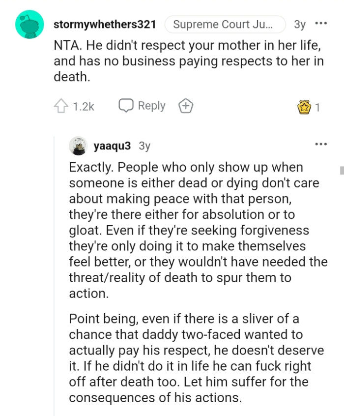 OP's father did not respect his ex-wife in her life