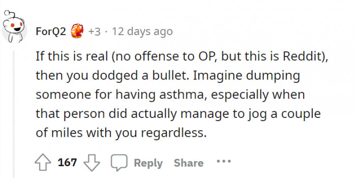 Is sacrifice—or tolerance—a good thing to do just to score brownie points? And is having asthma a good reason to be dumped?