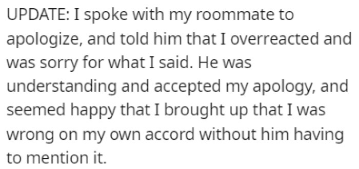 After reading the comments left by other Redditors, OP decided to apologize to their roommate