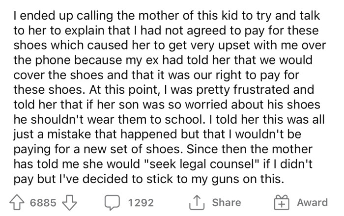 OP contacted the kid's mom and told her she would not be paying for the shoes.