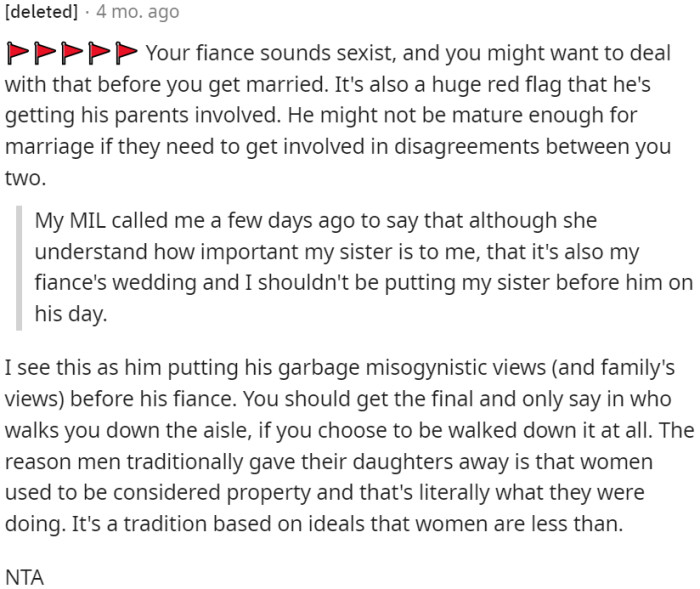 The mother-in-law's comment highlights the prioritization of the fiancé's wishes over the bride's connection with her sister