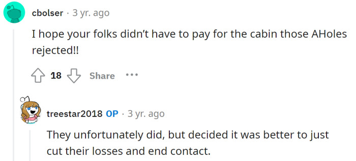 The OP's parents had to pay for the other family's cabin