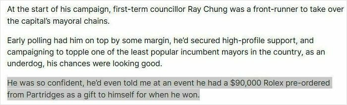 Ray Chung Spent The Most In The Wellington Mayoral Campaign And Was So Confident Initially He Pre-Ordered A $90,000 Rolex Watch