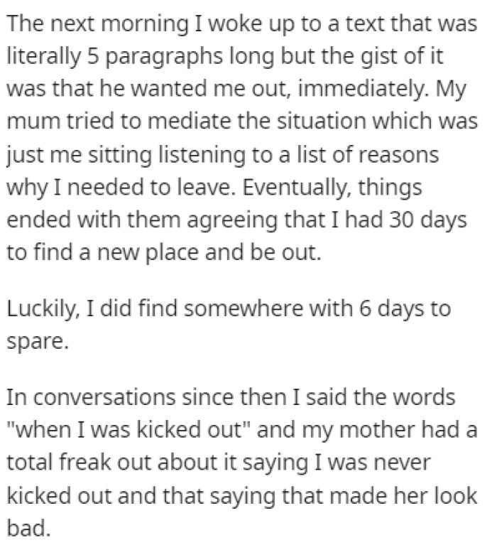 The morning after the screaming match, OP woke up to a text telling them that they had 30 days to find a new place