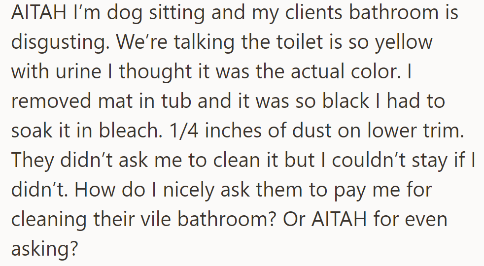 Is it wrong to ask clients to pay for cleaning their filthy bathroom while dog sitting? The cleaning was done out of necessity.