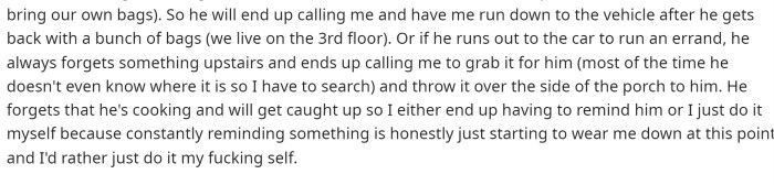 She goes into some instances where she's had to pick up the slack and help him out with things due to his ADHD.