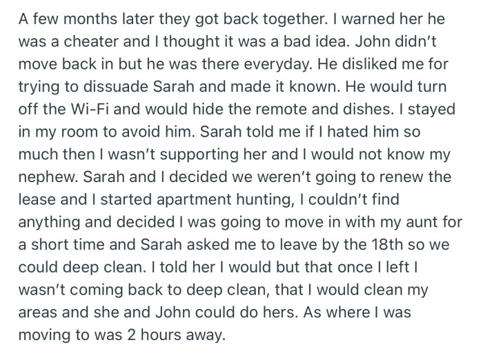 OP found out her sister was pregnant. But she decided it was best to leave after John returned