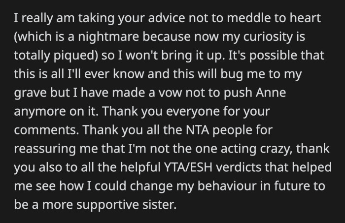 OP promised to listen to Reddit's advice to stop meddling in her sister's issues which was difficult because of the recent information she got from Dave