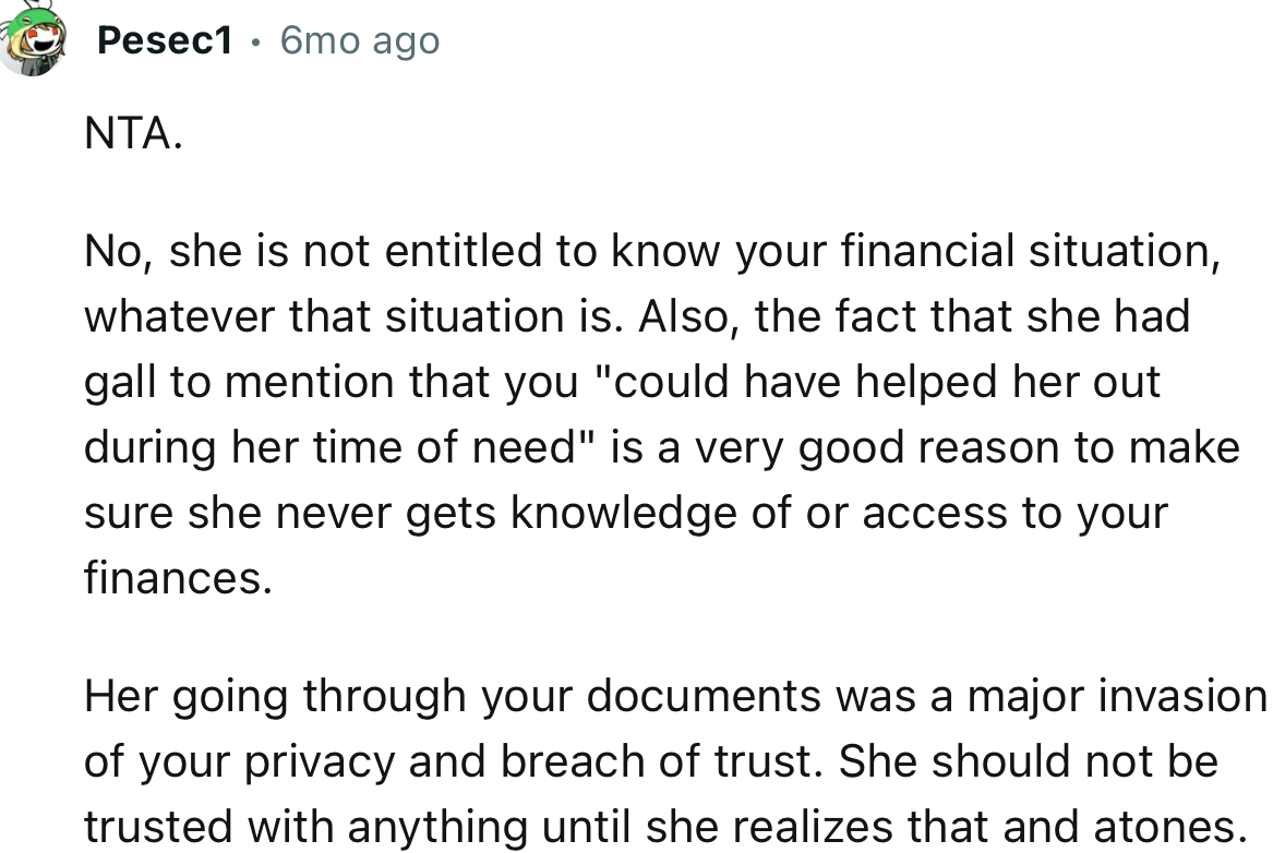 “Her Going Through Your Documents Was a Major Invasion of Your Privacy and Breach of Trust.”