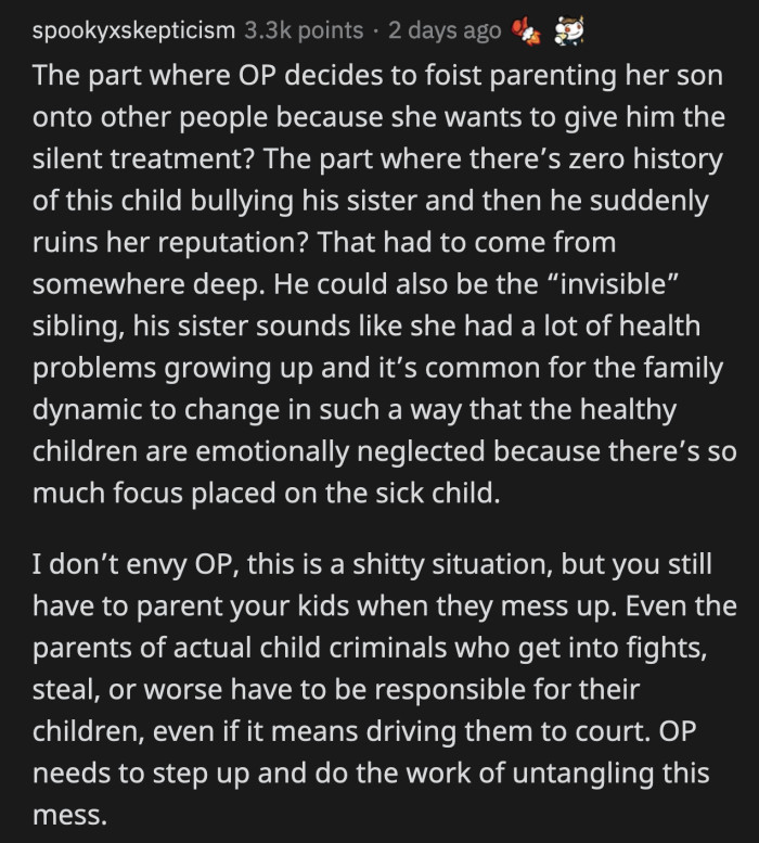 Silent treatment and going no contact indefinitely will not help their son at all. He is 16 — he needs to know where he went wrong and what he can do to make ammends.