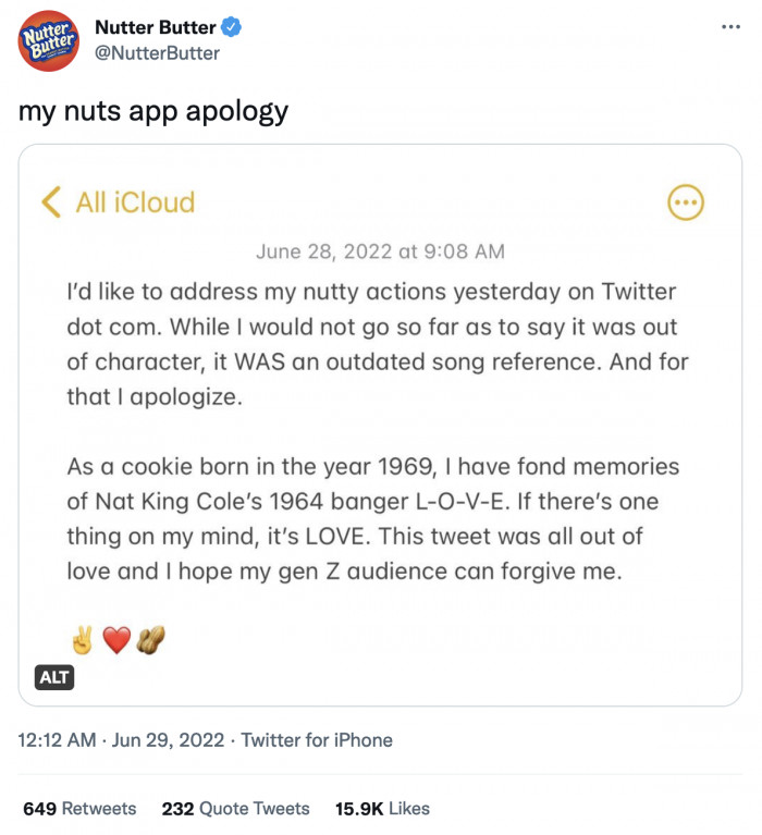 Nutter Butter took a page out of the ~nuts~ app apology of influencers and said sorry to their Gen Z audience for making an outdated musical reference. We don't remember these lyrics from Nat King Cole's classic.