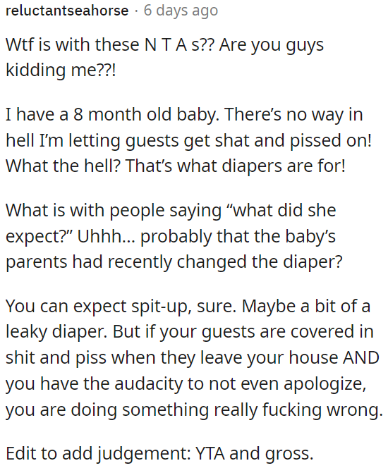 It's normal for there to be some spit-up or a leaky diaper, but if guests leave covered in bodily fluids, OP should apologize.