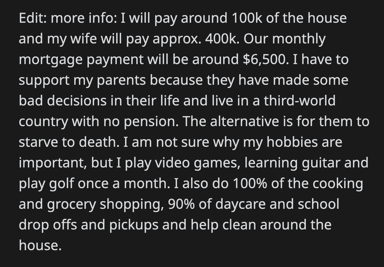 OP said he wasn't minimizing his wife's significant contribution to their family. She is a great mom and partner who juggles similar responsibilities as he does.