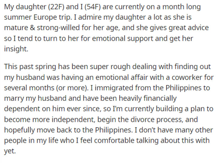 OP explains how she and her daughter are on a trip right now, but how she's also in the middle of divorcing her husband, who is also her daughter's dad.